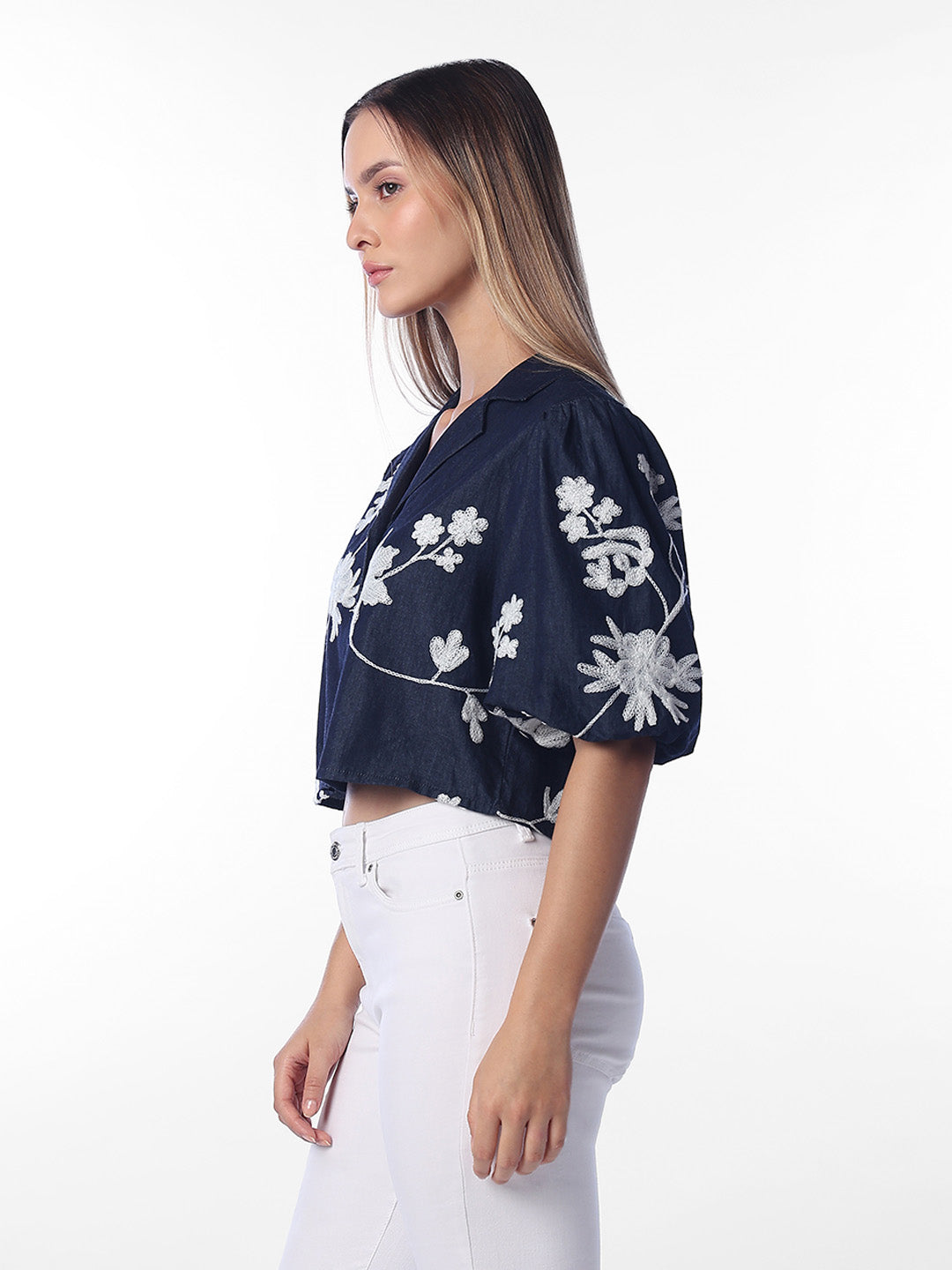 Dark Blue Floral Cropped Shirt
