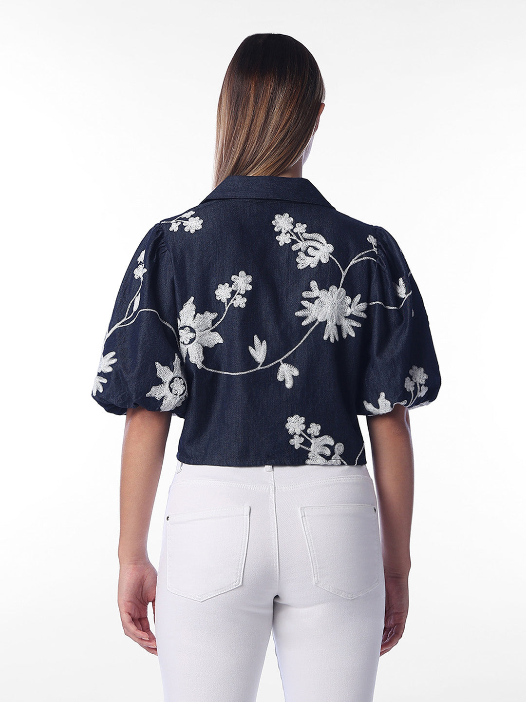 Dark Blue Floral Cropped Shirt