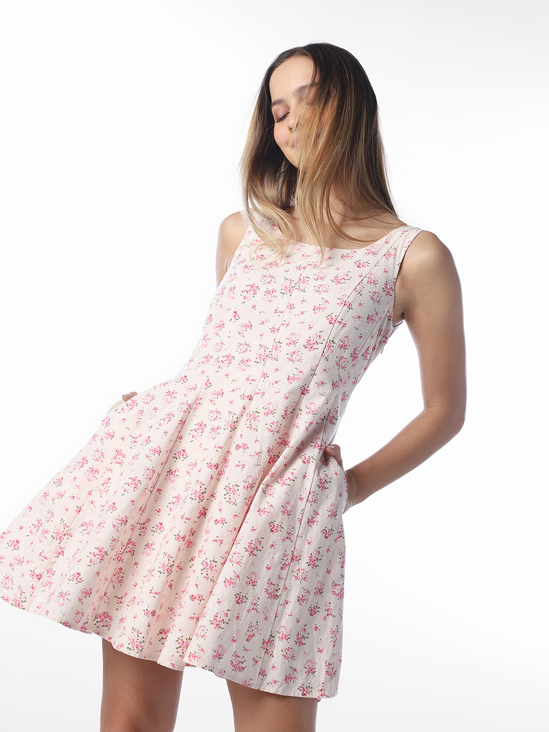 Pink Floral U-Neck Dress