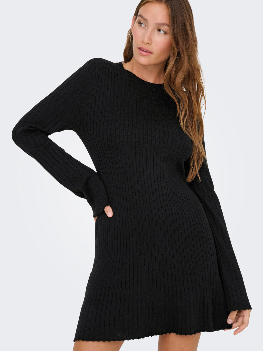 Black Ribbed O-Neck Dress