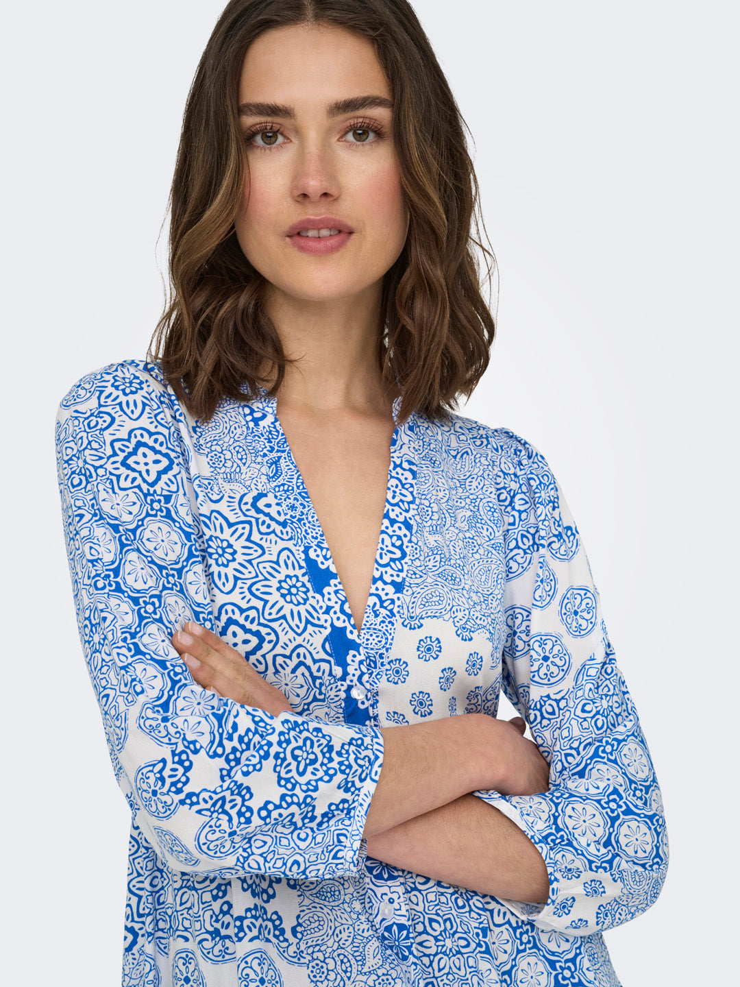 Blue Printed V-Neck Dress