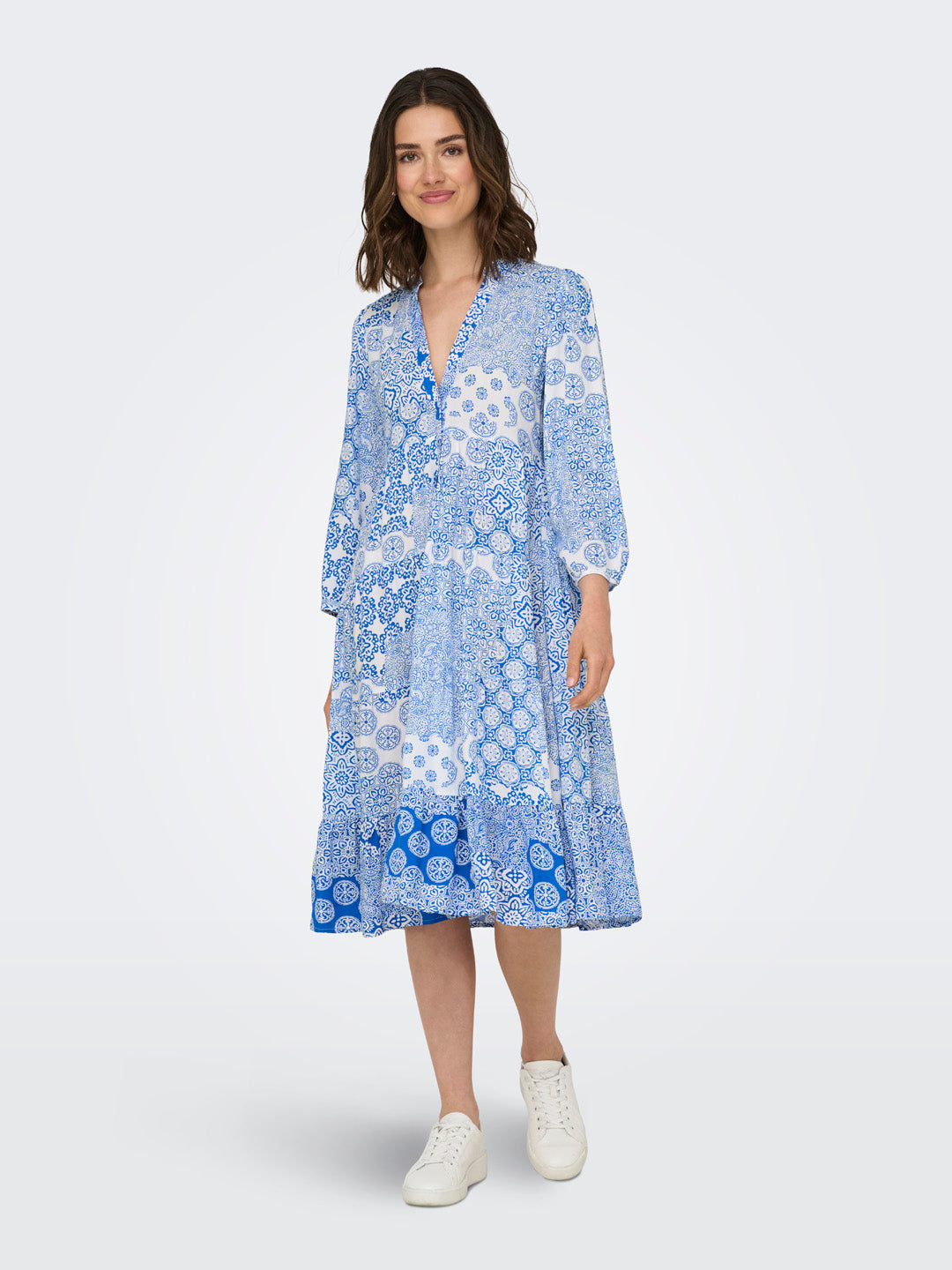 Blue Printed V-Neck Dress