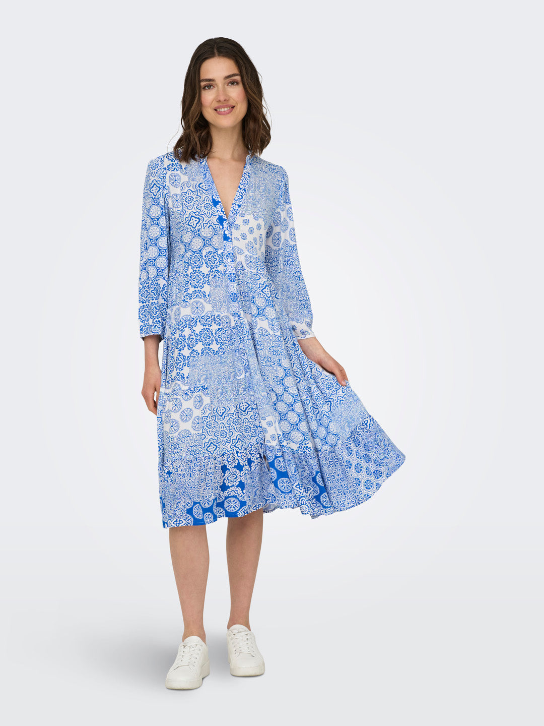 Blue Printed V-Neck Dress