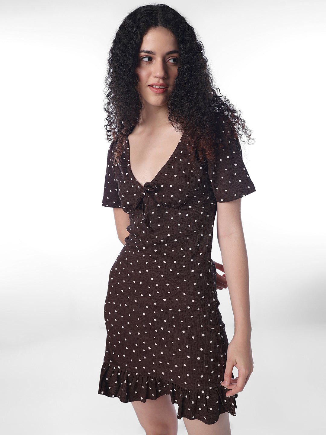Dark Brown Printed V-Neck Dress