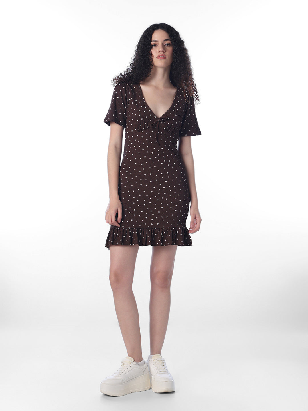 Dark Brown Printed V-Neck Dress