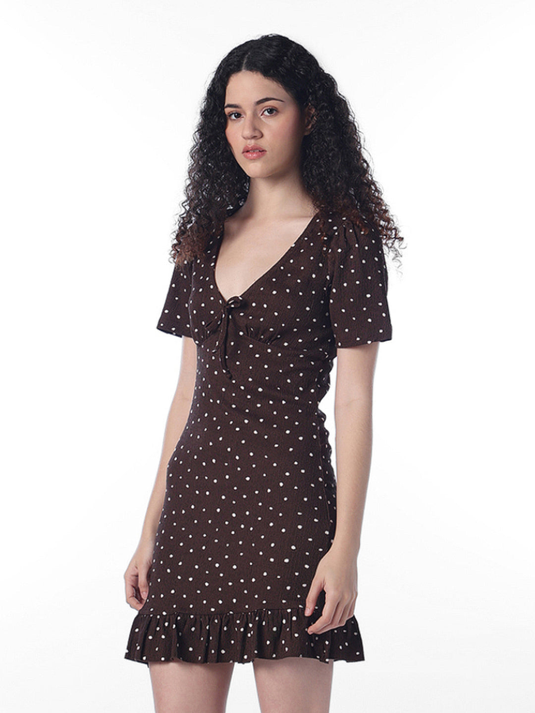 Dark Brown Printed V-Neck Dress