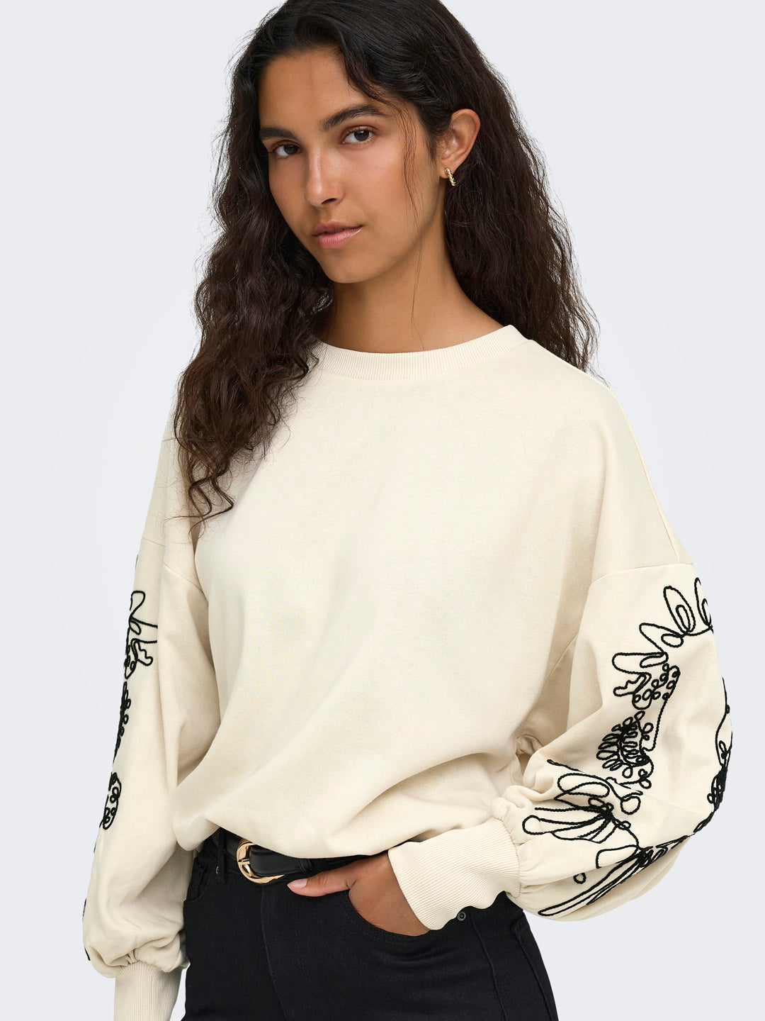 Cream Printed O-Neck Sweatshirt