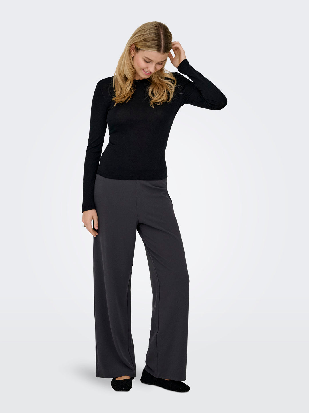 Grey Mid Rise Wide Leg Pants