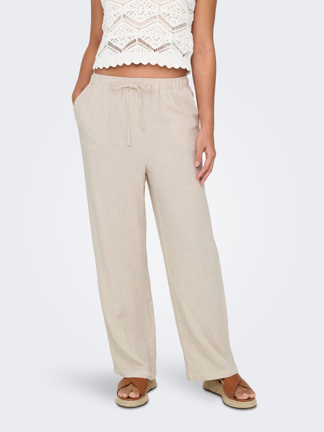 Beige Linen Blend Pull Up Pants