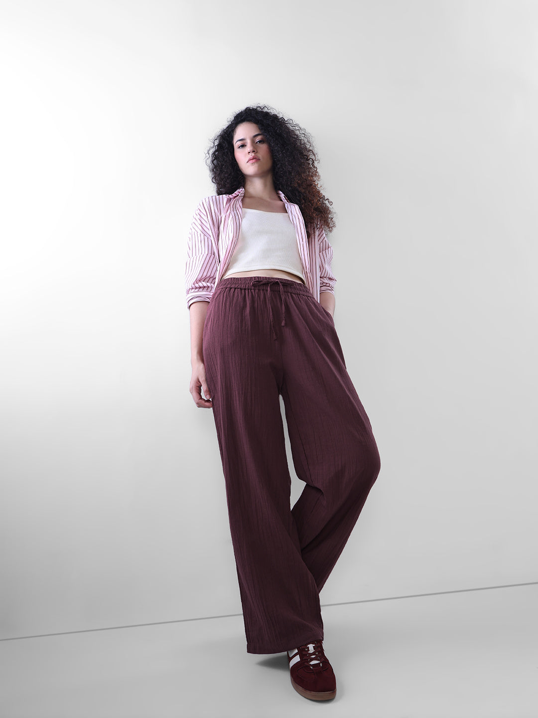 Maroon Cotton Wide Leg Pants