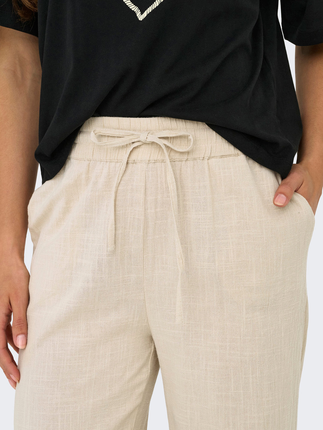 Beige Cotton Wide Leg Pants
