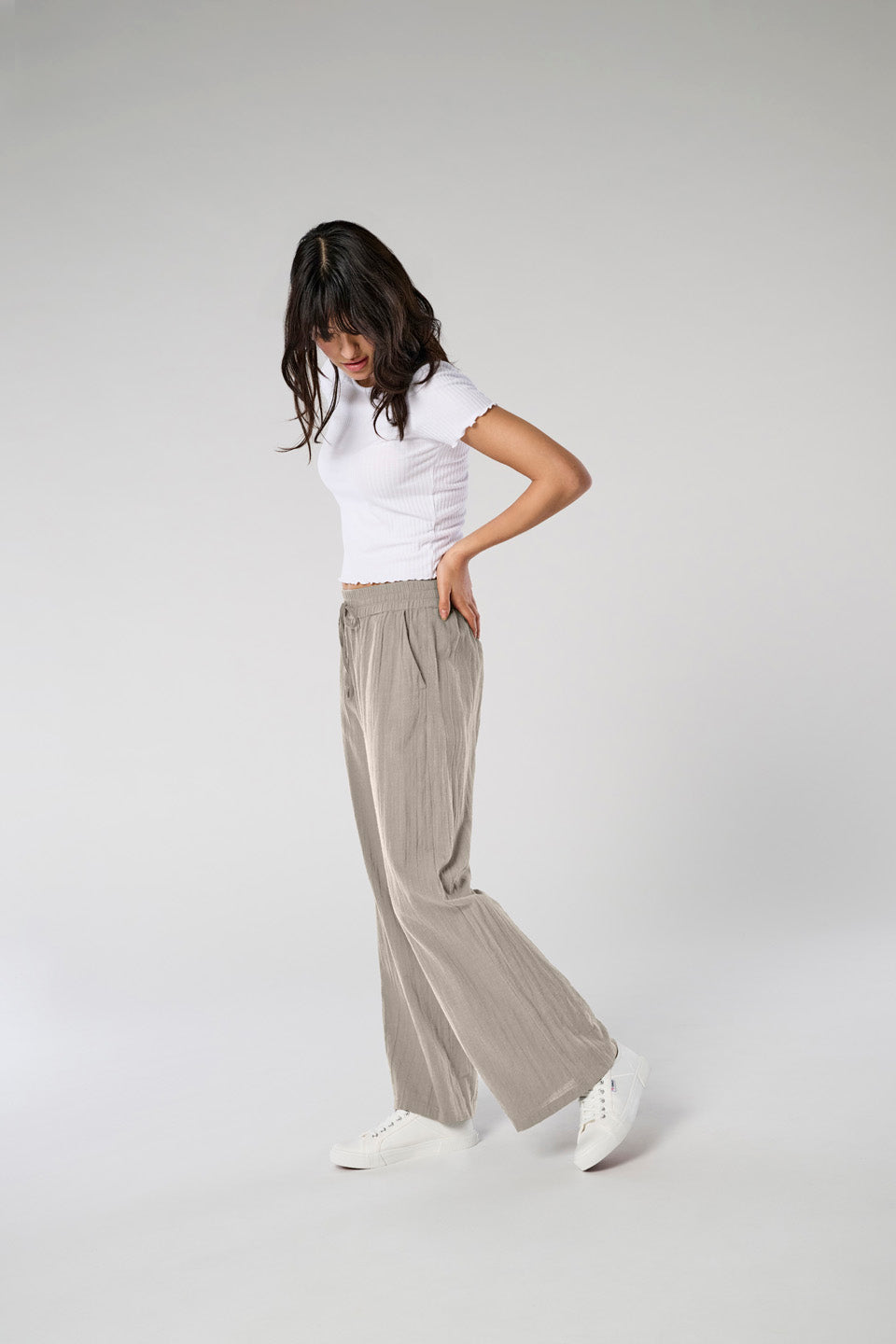 Beige Cotton Wide Leg Pants