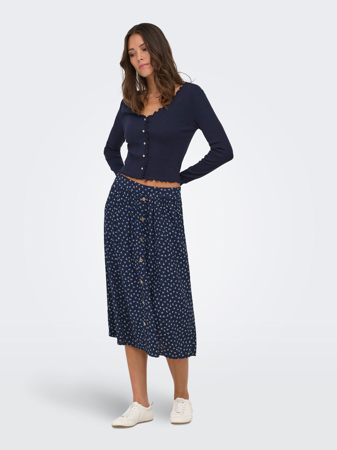 Navy Blue Floral Midi Skirt