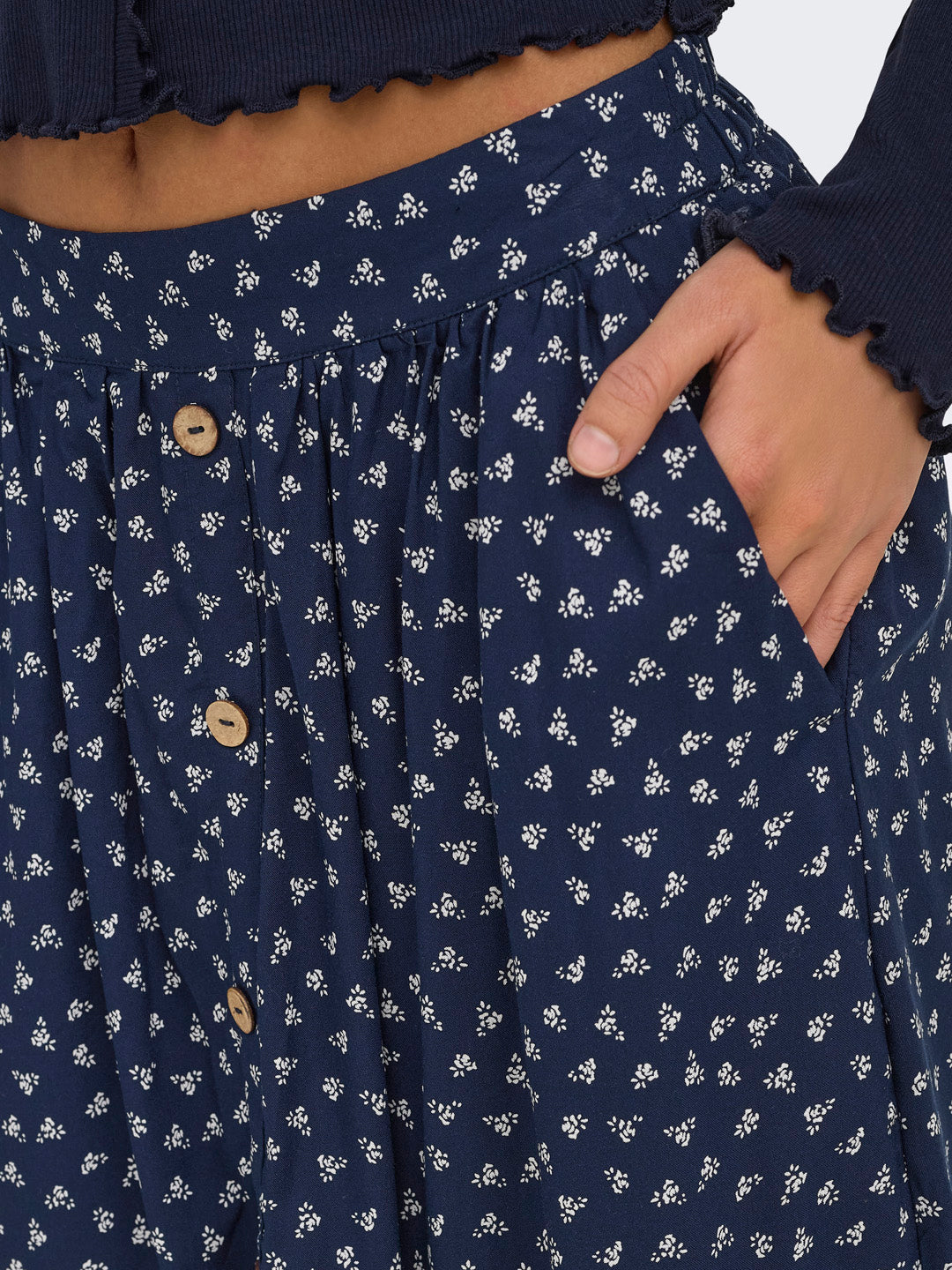 Navy Blue Floral Midi Skirt