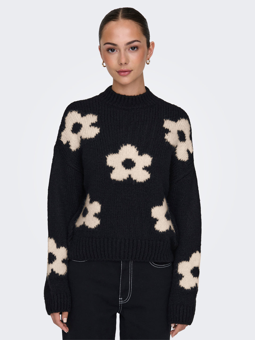 Black Floral High Neck Pullover