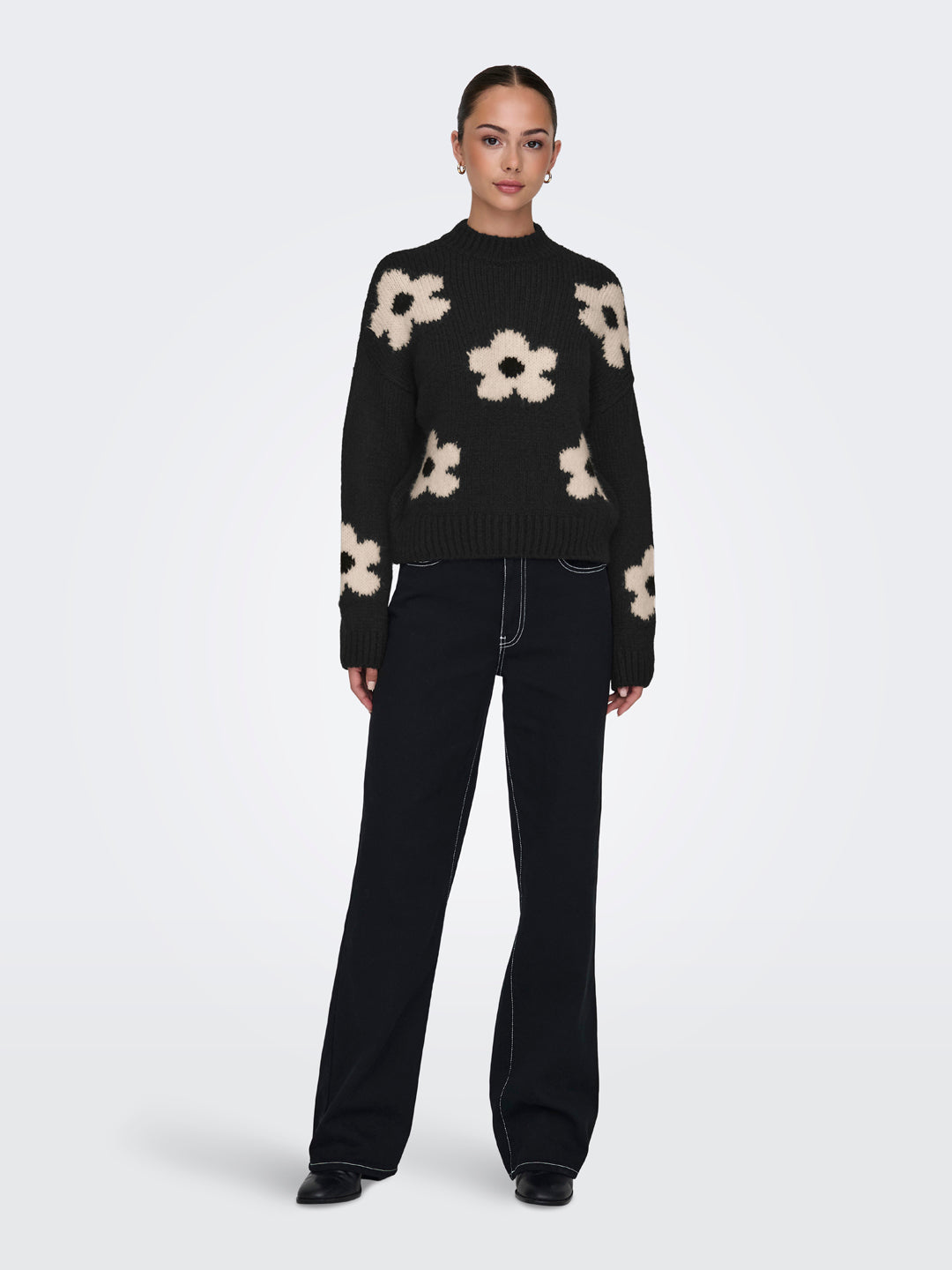 Black Floral High Neck Pullover