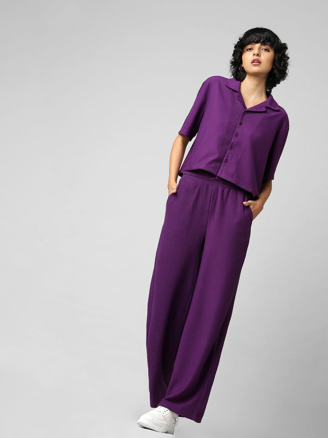 Purple Ribbed Wide Leg Co-Ord Pants