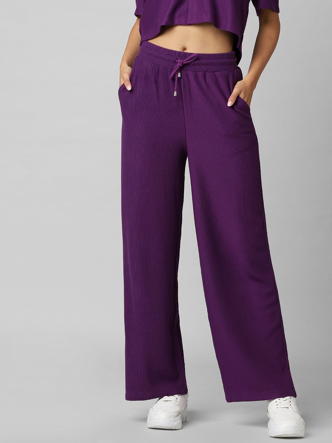 Purple Ribbed Wide Leg Co-Ord Pants