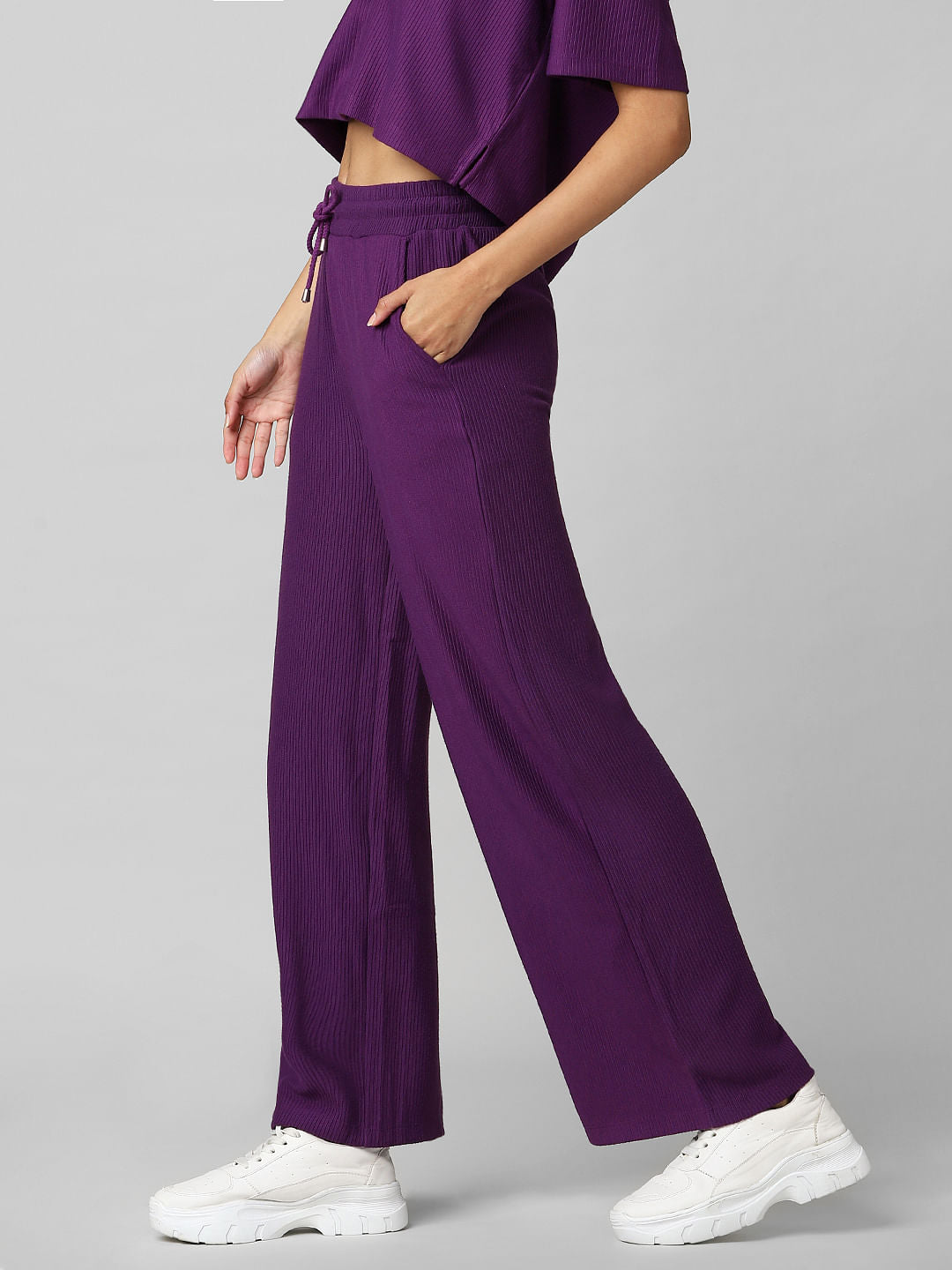 Purple Ribbed Wide Leg Co-Ord Pants