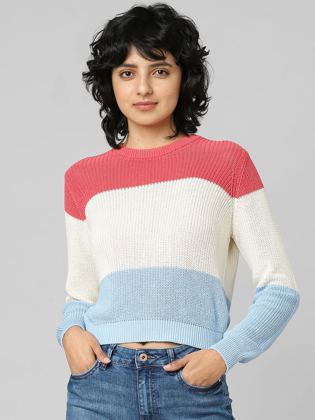 White Colourblocked Pullover