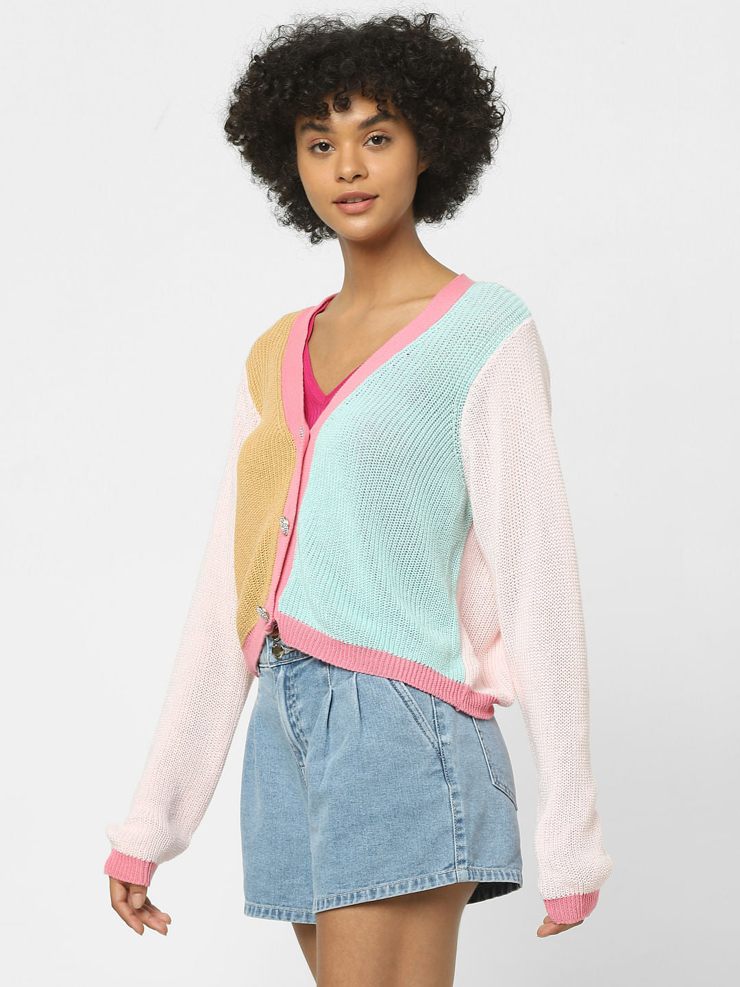 Pink Colourblocked Cardigan