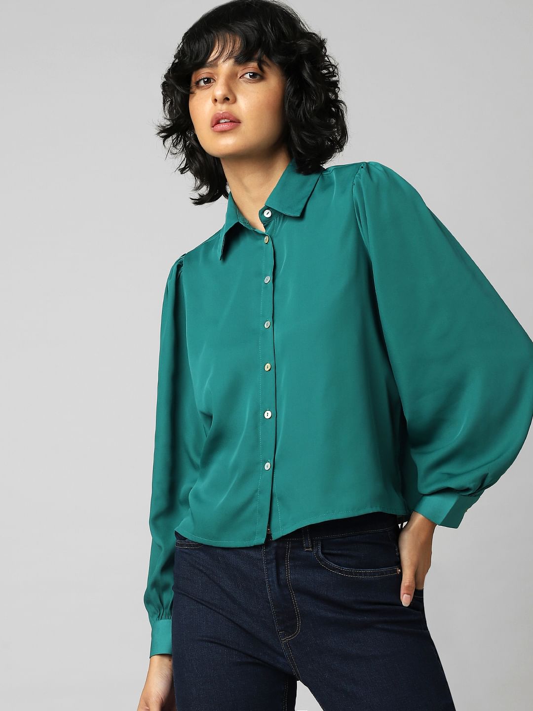 Green Balloon Sleeved Satin Shirt