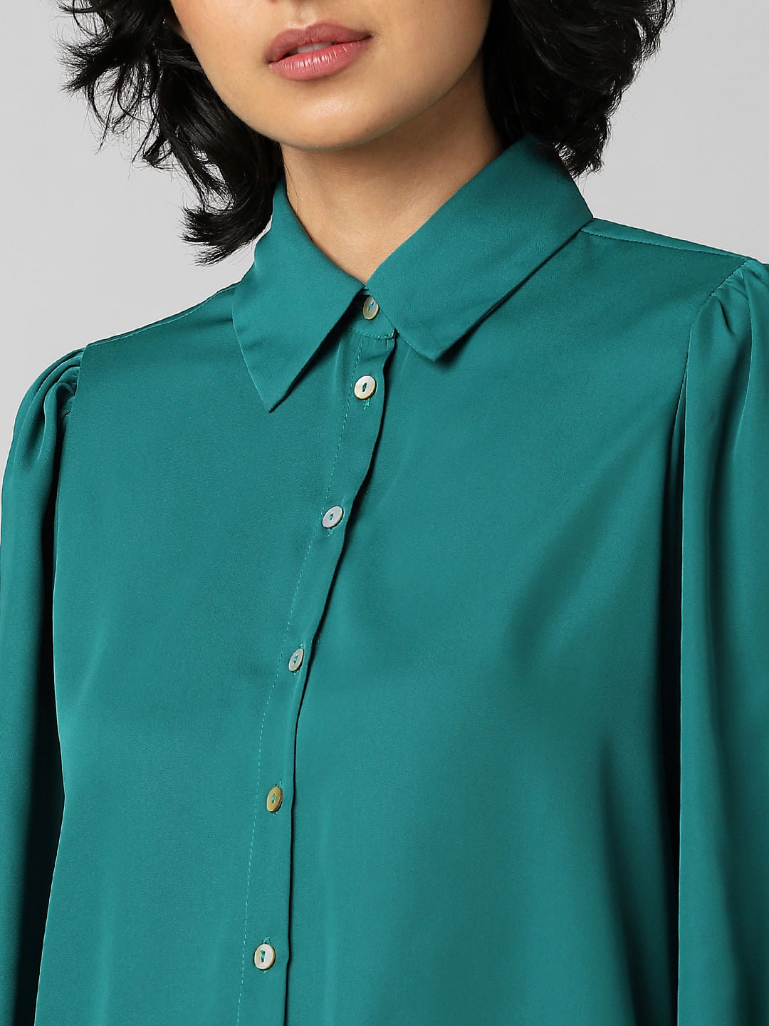 Green Balloon Sleeved Satin Shirt