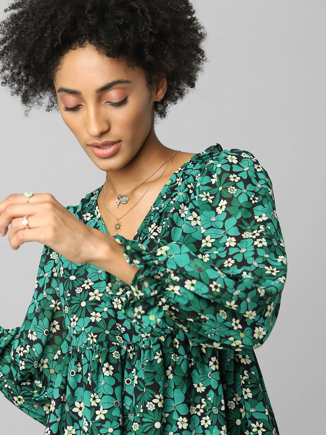 Green Floral Flounce Top