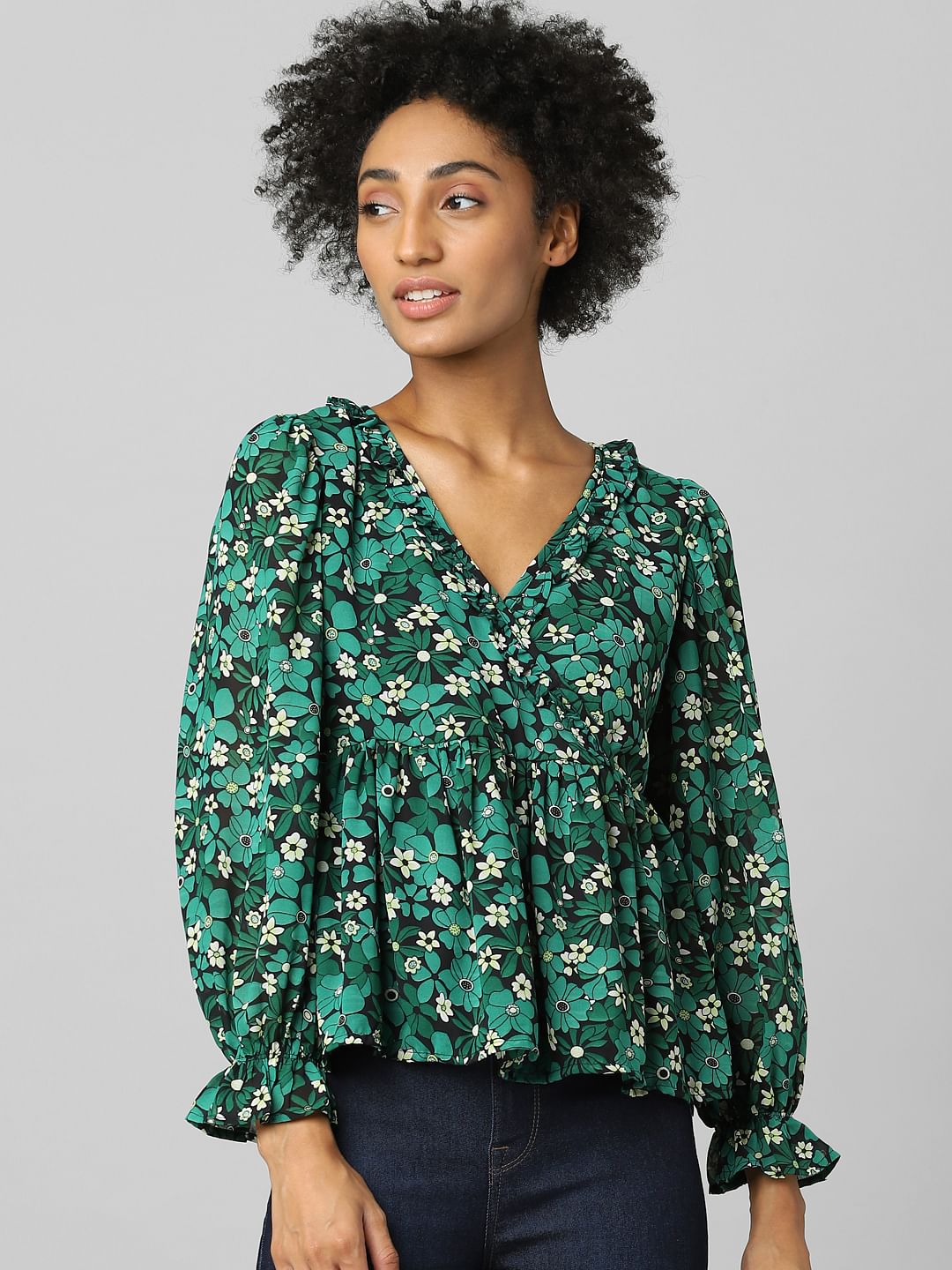 Green Floral Flounce Top