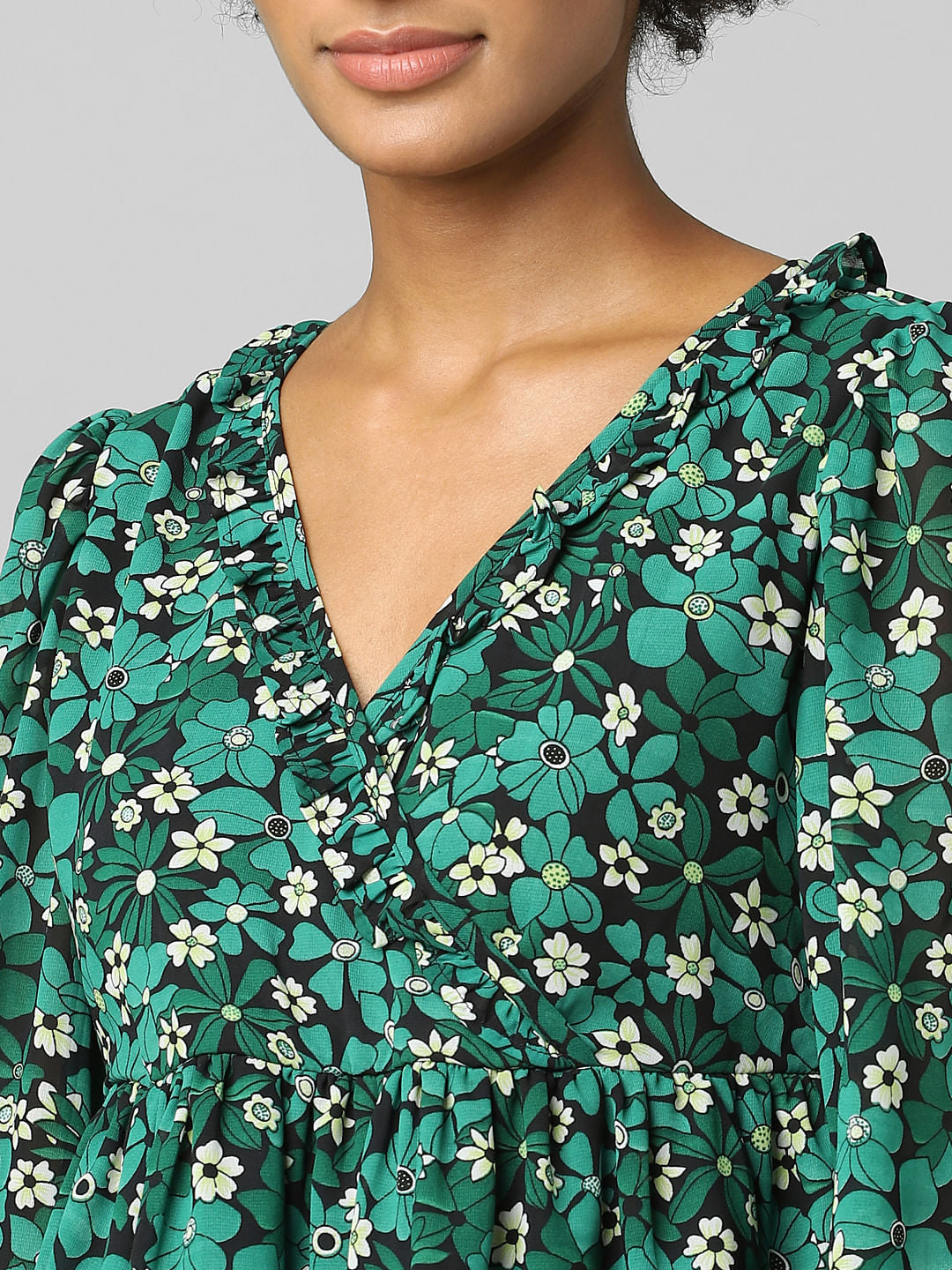 Green Floral Flounce Top