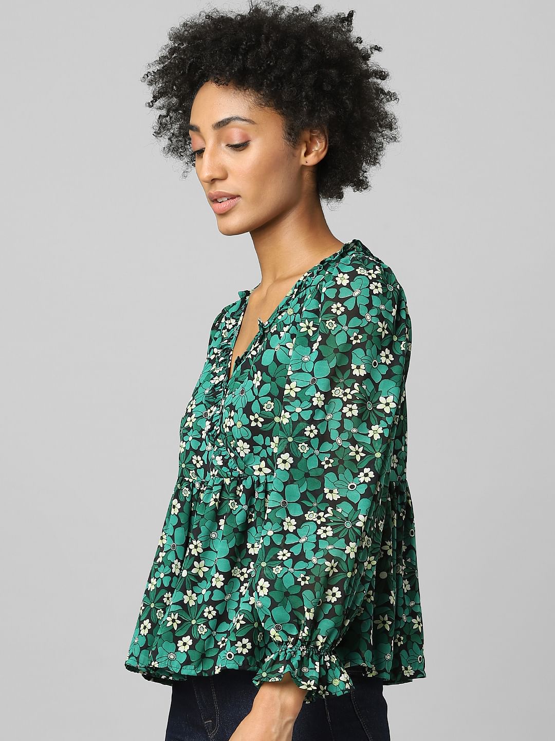 Green Floral Flounce Top