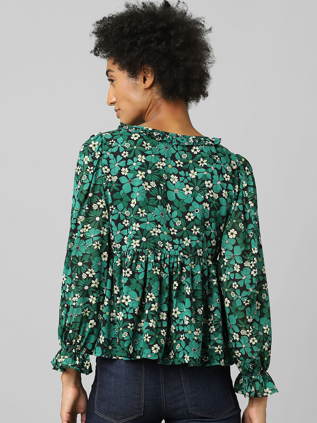 Green Floral Flounce Top