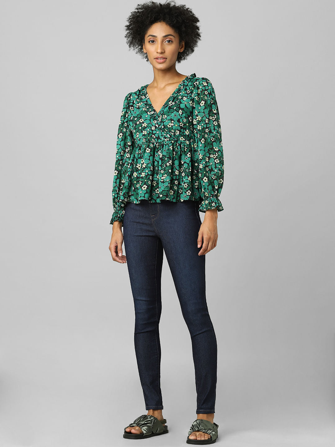 Green Floral Flounce Top