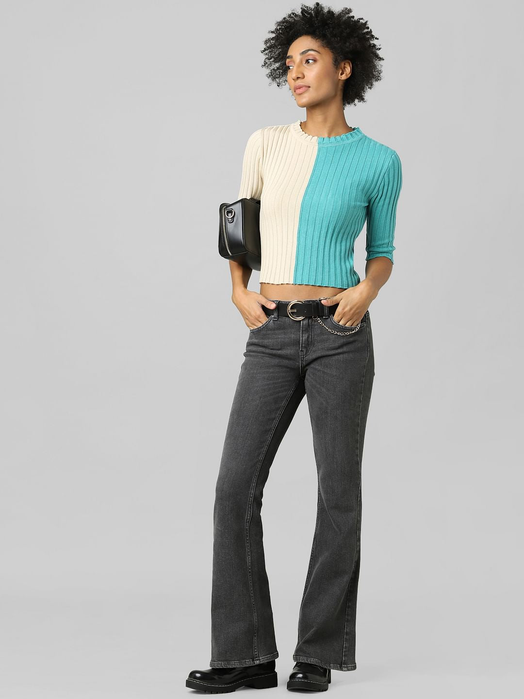 Green Colourblocked Ribbed Pullover