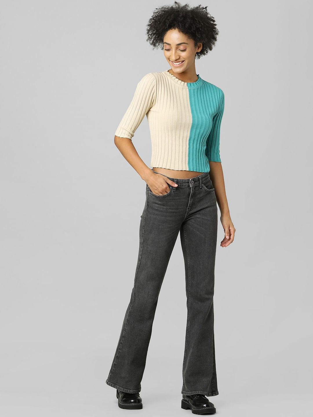 Green Colourblocked Ribbed Pullover