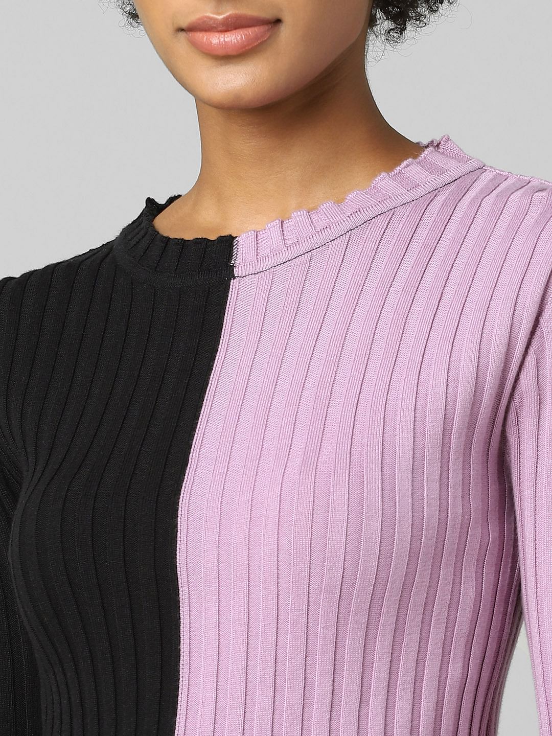 Black Colourblocked Ribbed Pullover