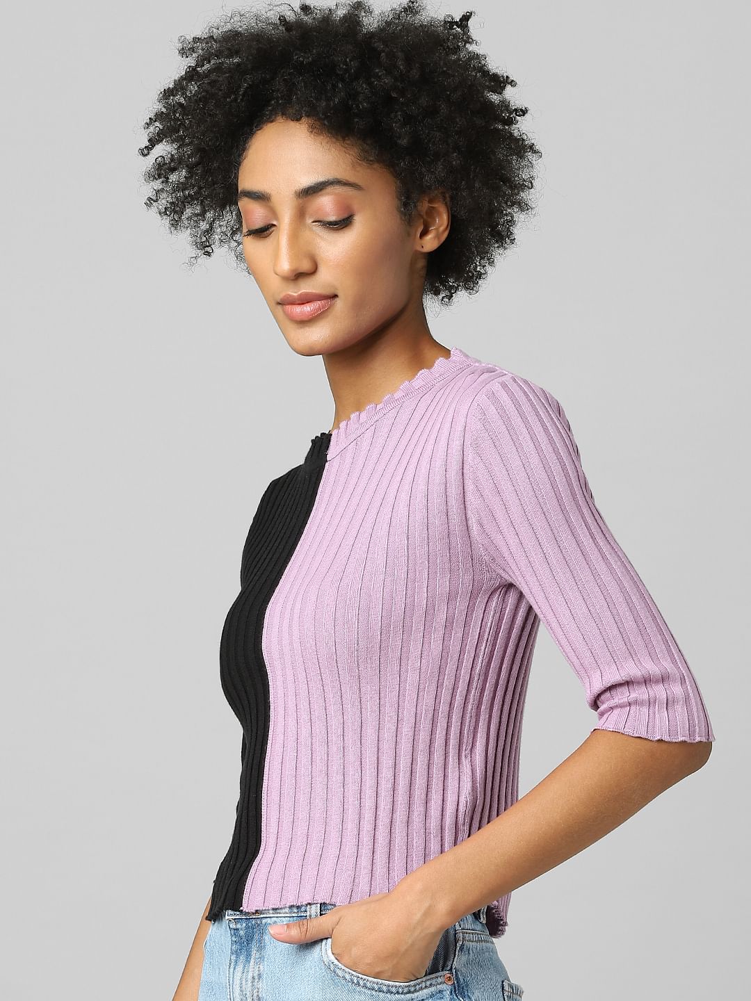 Black Colourblocked Ribbed Pullover