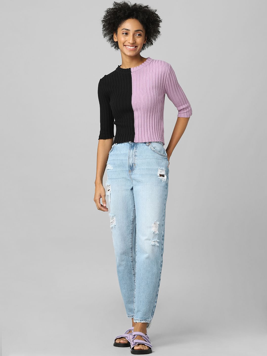 Black Colourblocked Ribbed Pullover