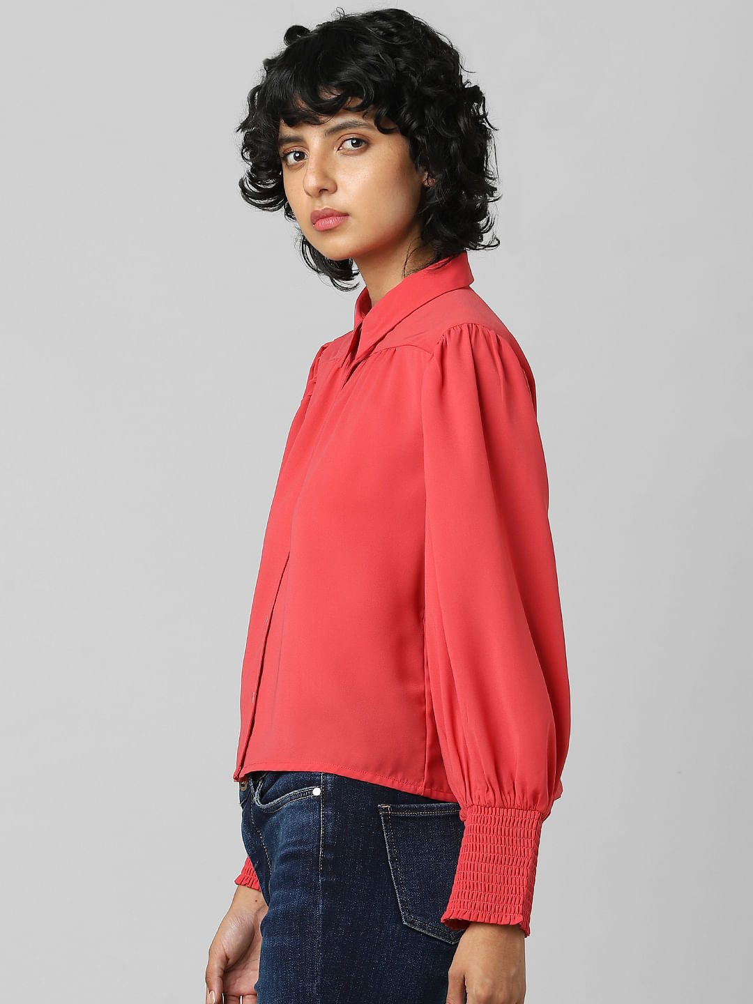 Red Smocked Sleeve Shirt