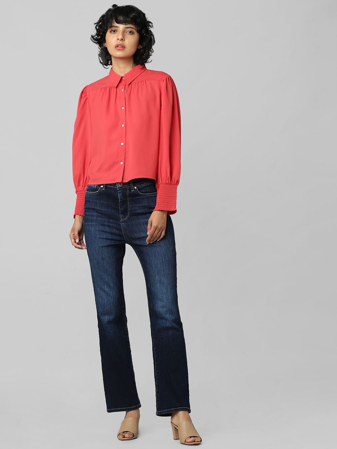 Red Smocked Sleeve Shirt