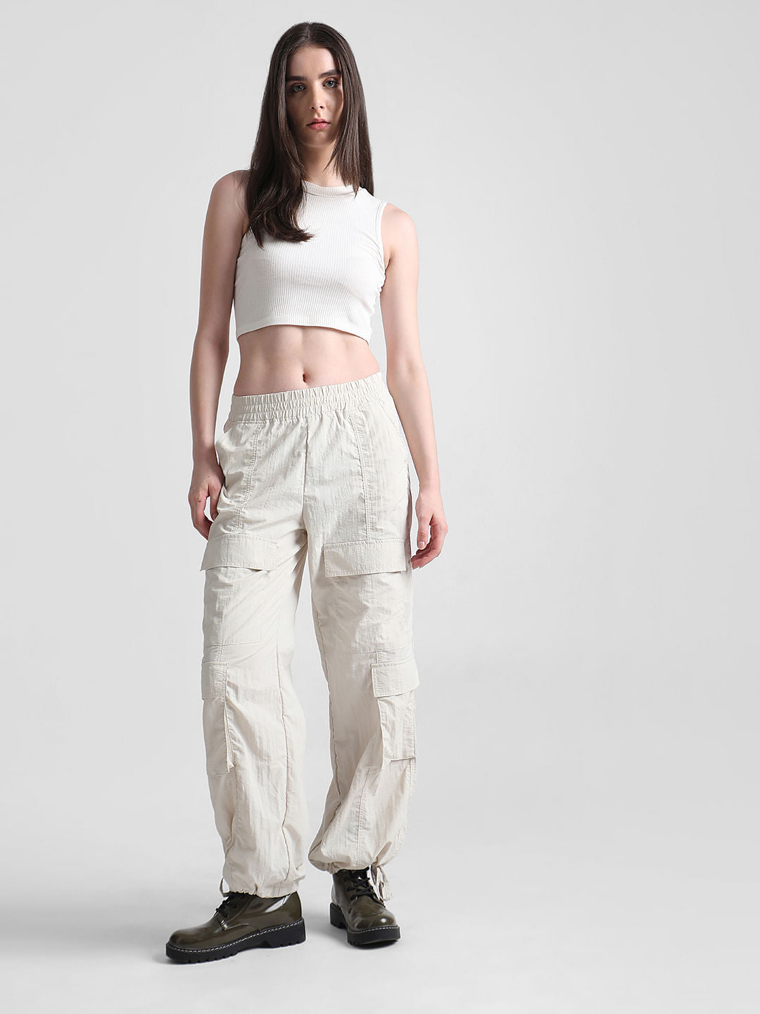 Beige Mid Rise Parachute Cargo Pants