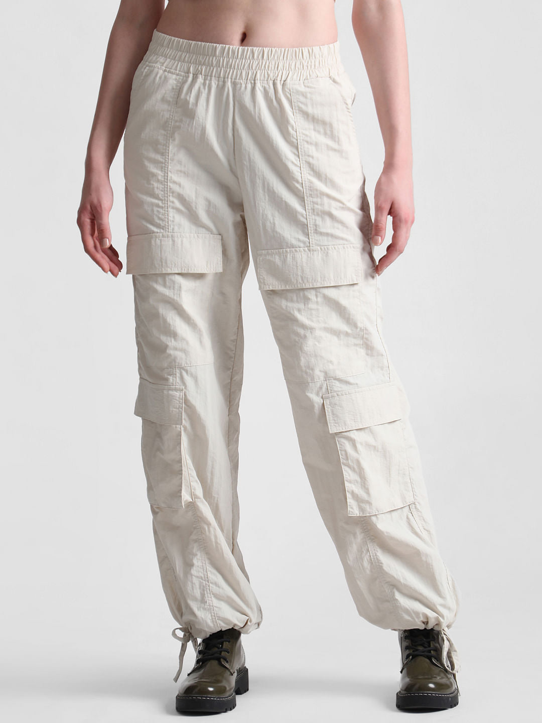 Beige Mid Rise Parachute Cargo Pants