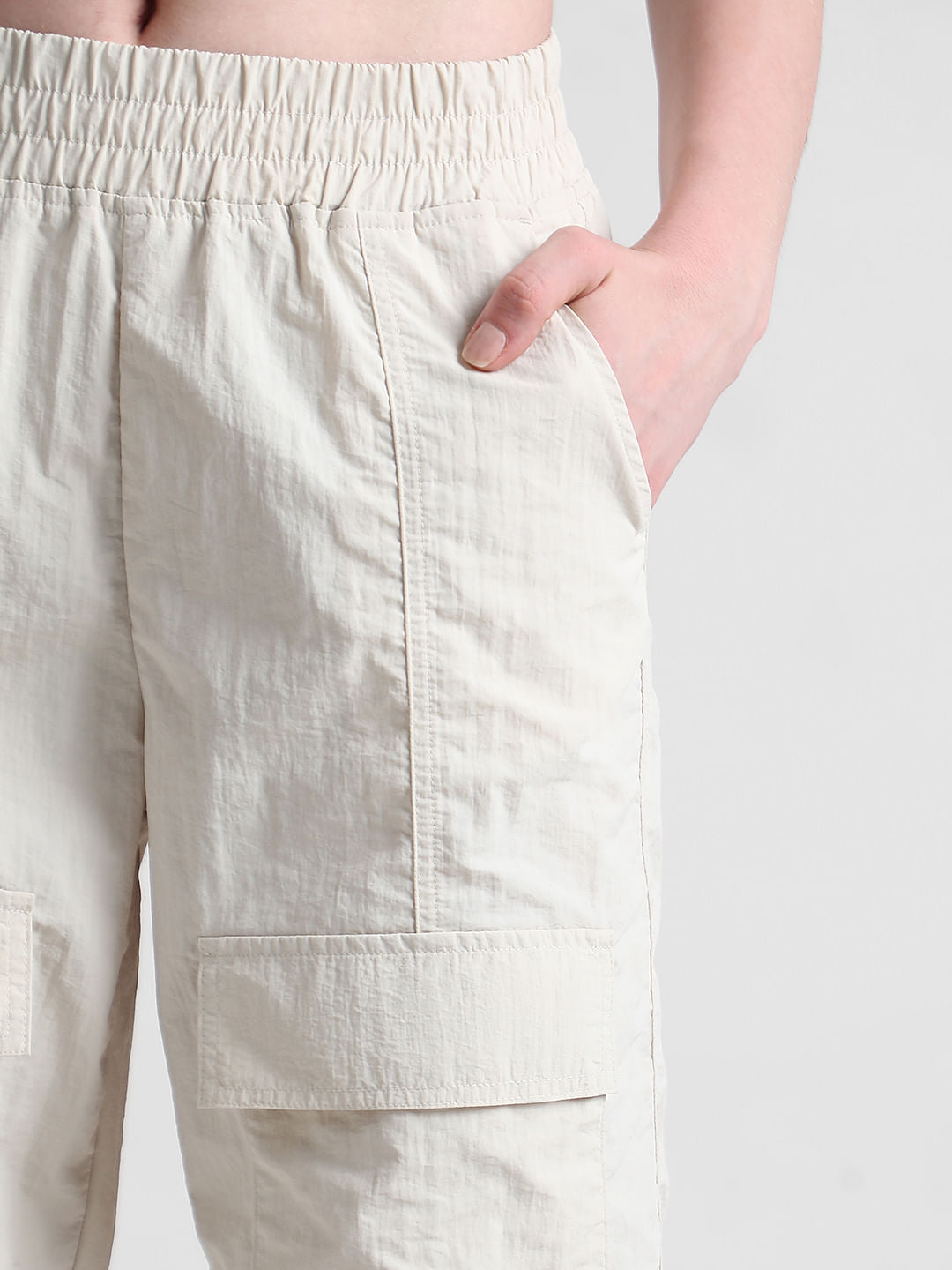 Beige Mid Rise Parachute Cargo Pants