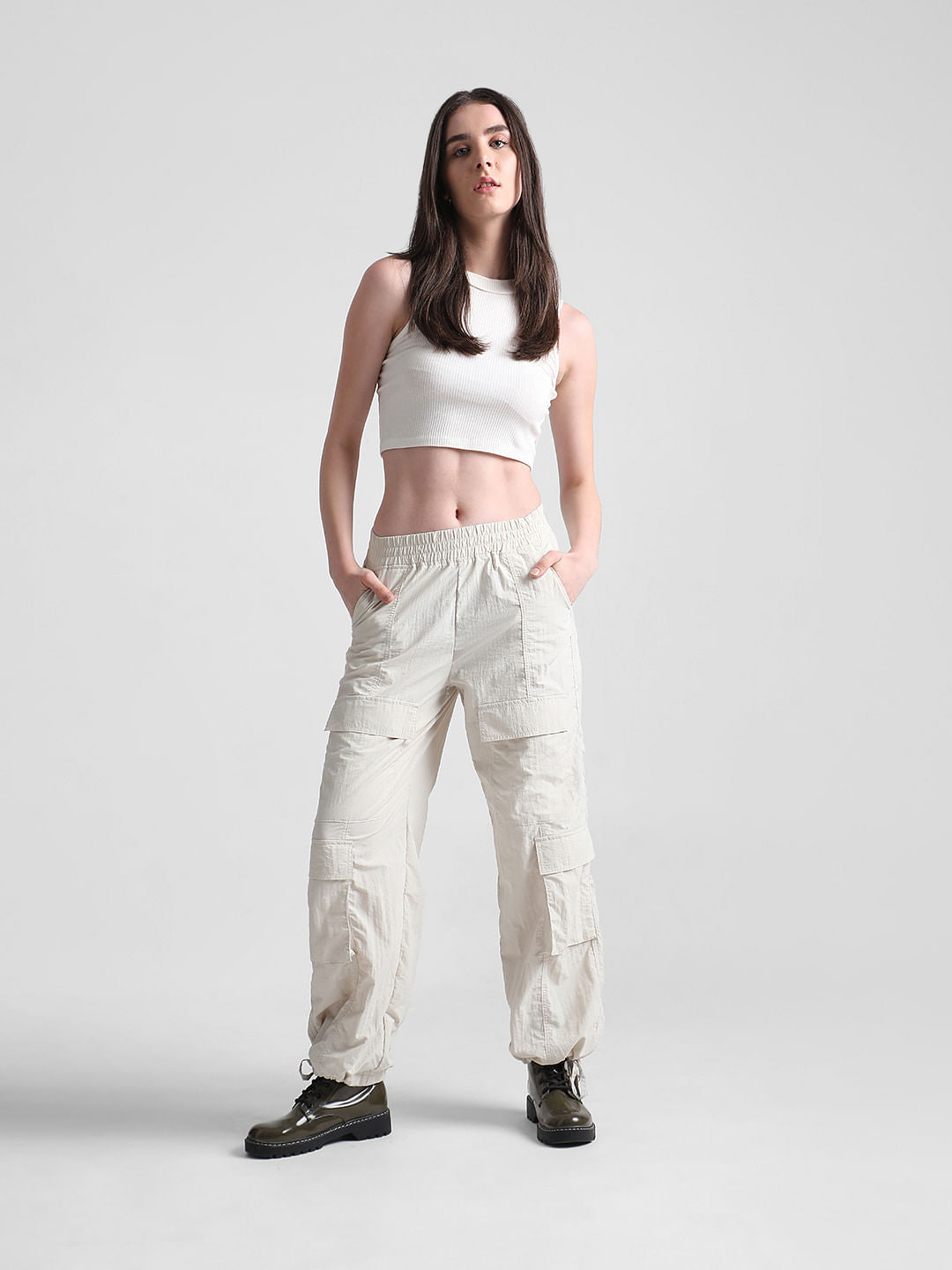 Beige Mid Rise Parachute Cargo Pants