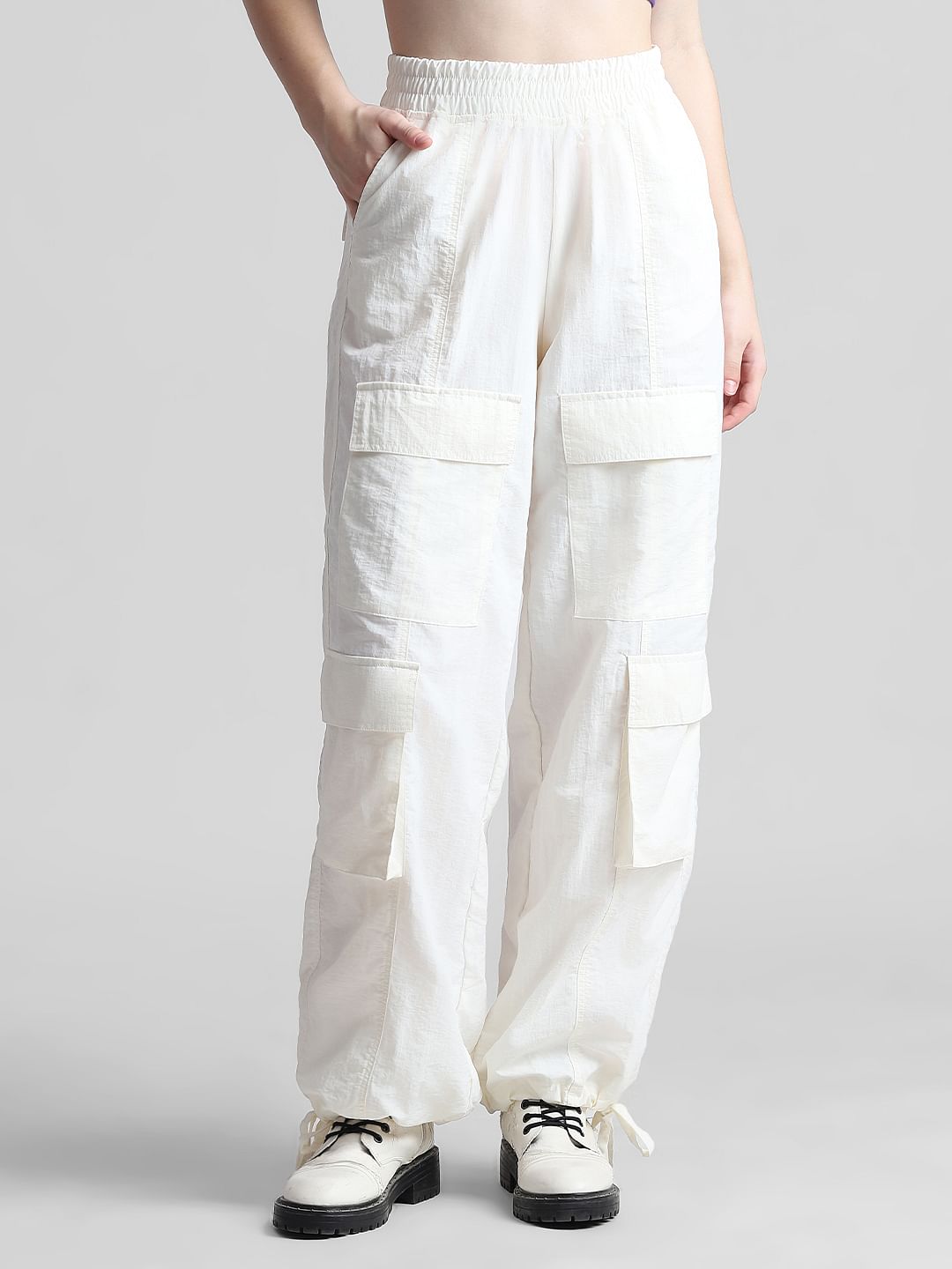 White Mid Rise Parachute Cargo Pants