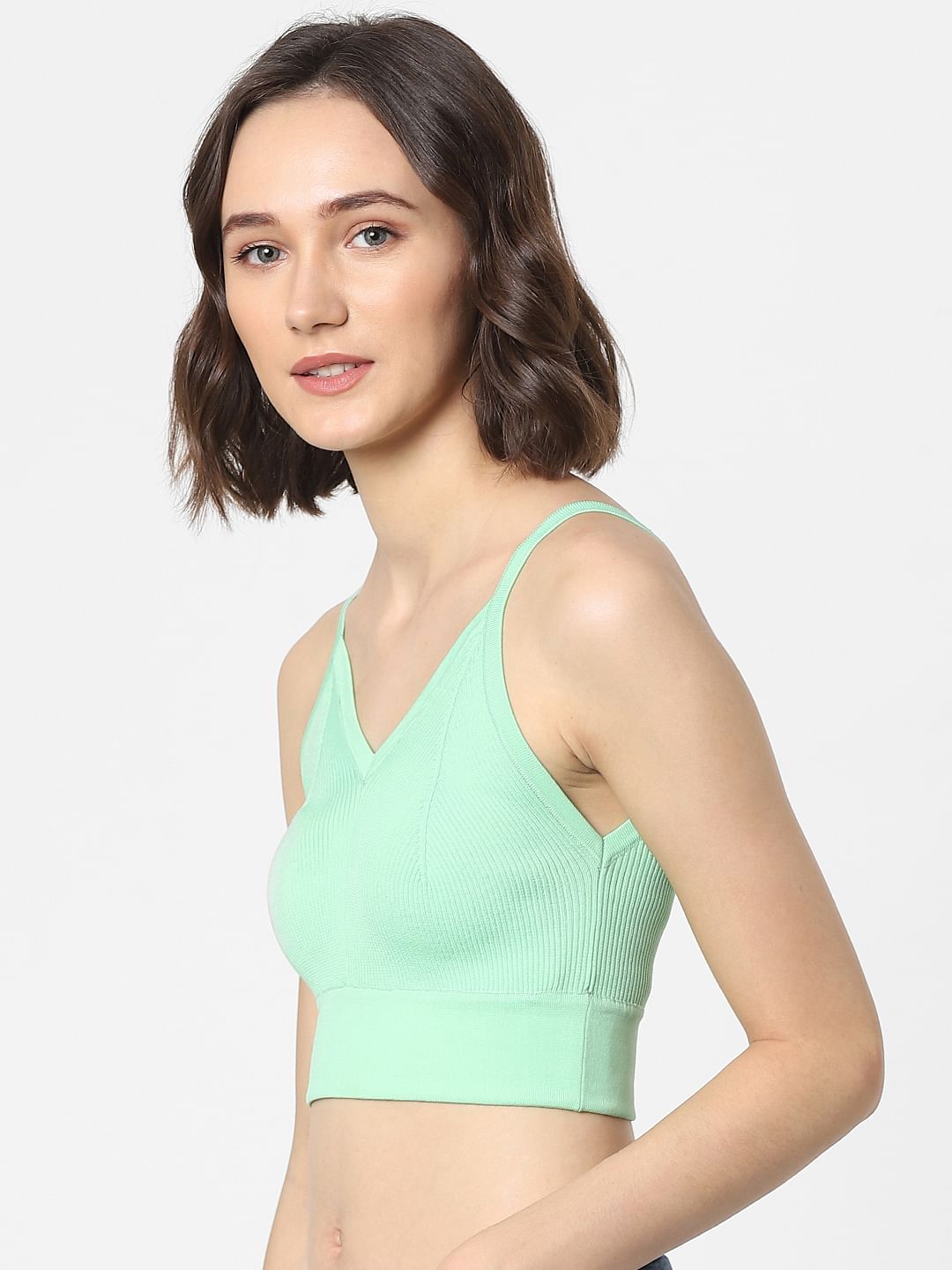 Green Ribbed Crop Top