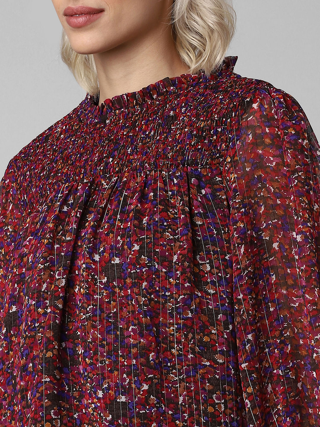 Red Printed Smocked Top