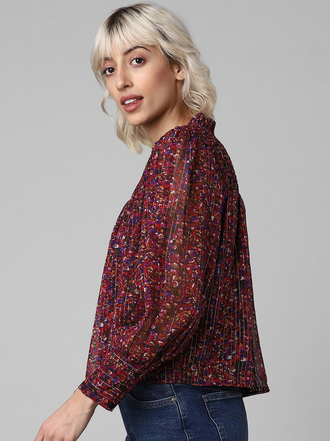 Red Printed Smocked Top