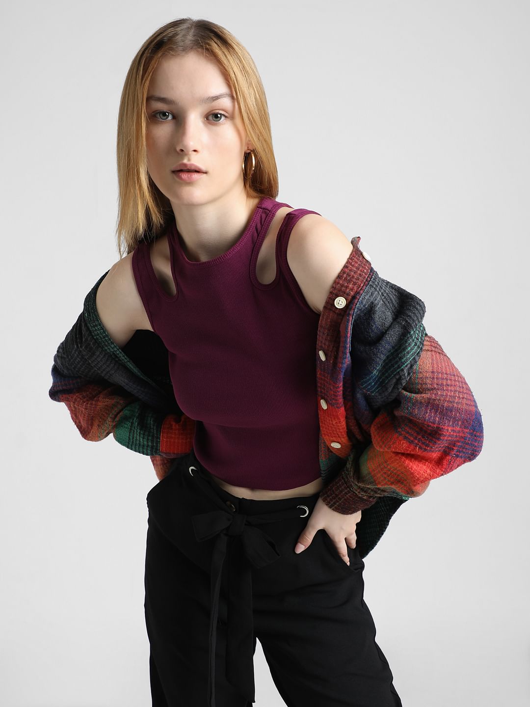 Purple Ribbed Cut-Out Top