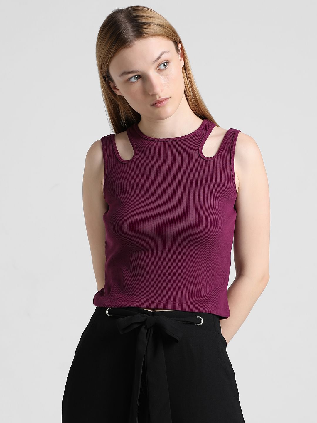 Purple Ribbed Cut-Out Top
